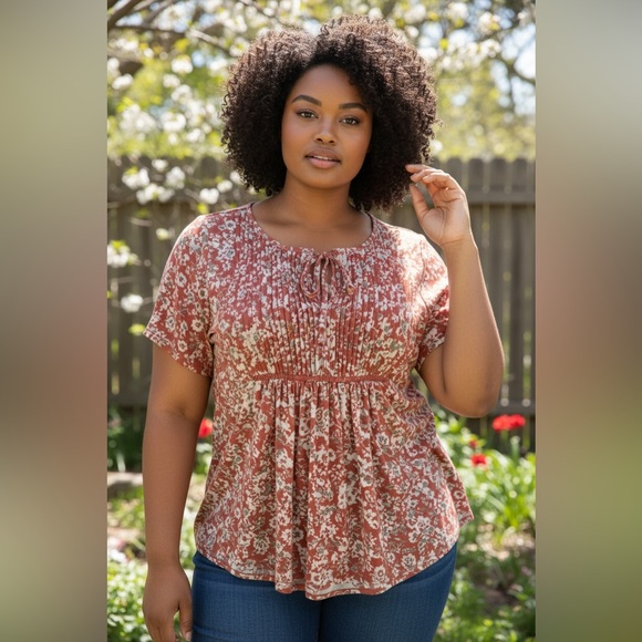 Tommy Hilfiger Floral Peasant Top Red White Pink | 2X - Picture 2 of 8